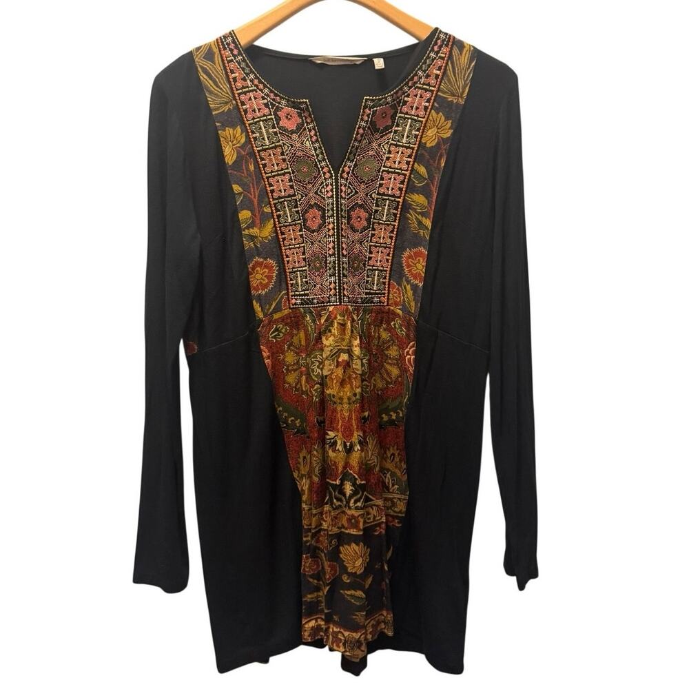 Soft Surroundings Women's Black Mixed Print Mni Dress Boho Embroidered Medium